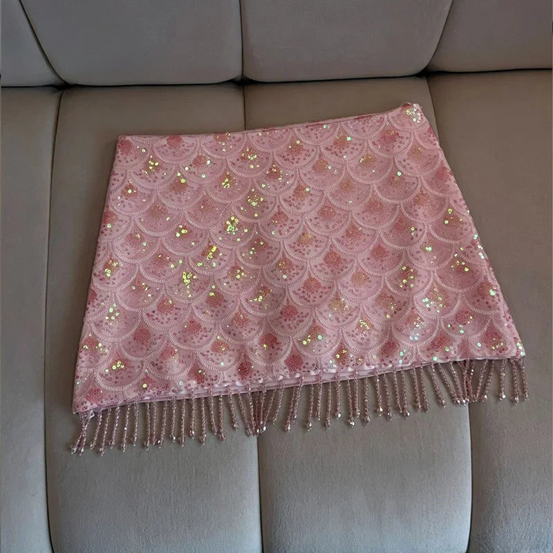 Saia Mini Feminina Paetê Cintura Alta com Franjas