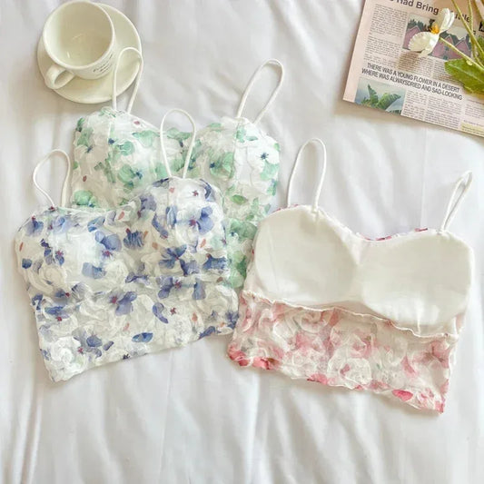 Fashion Sweet Floral Corset Vest Office Lady Beach Style Sleeveless Blouse Women Vintage Lace Slim Crop Top