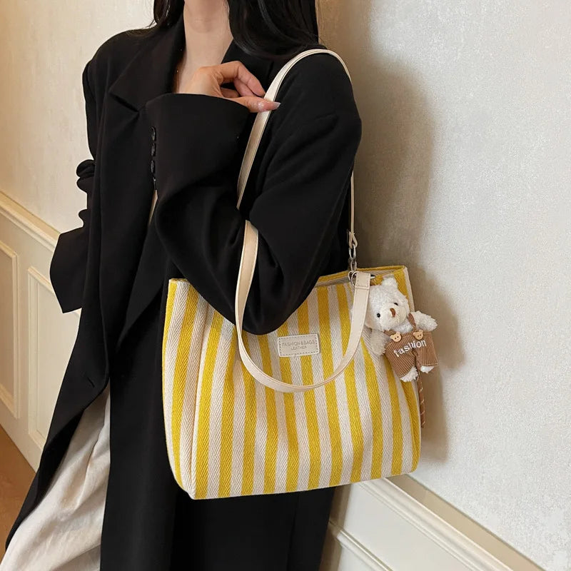 Striped Canvas Tote Bag Women's Casual Simple Shoulder Bag Large Capacity City Style Autumn Winter College Class Bag Double Z...