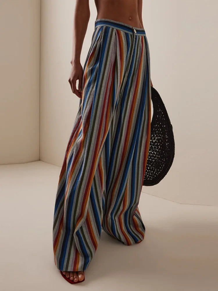 Gymystars Elegant Striped Printed Pants for Woman New Loose Pleated Pocket Split-Joint High Waisted Fashion Streetwear Trousers