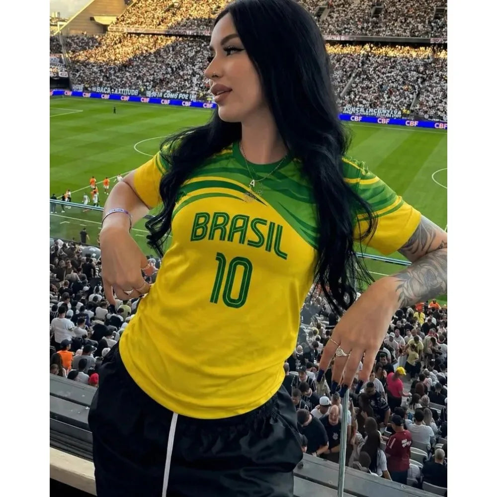 Camiseta Brasil Retrô Feminina Gola V Premium