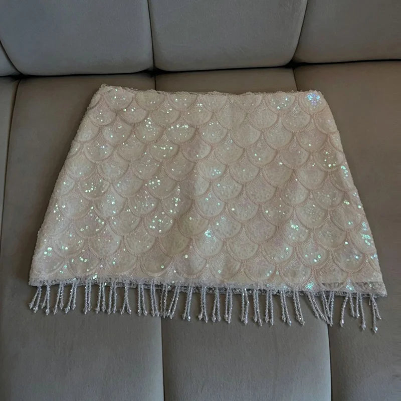 Saia Mini Feminina Paetê Cintura Alta com Franjas