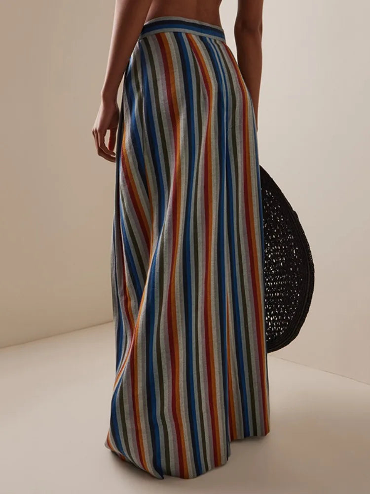 Gymystars Elegant Striped Printed Pants for Woman New Loose Pleated Pocket Split-Joint High Waisted Fashion Streetwear Trousers
