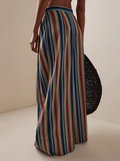 Gymystars Elegant Striped Printed Pants for Woman New Loose Pleated Pocket Split-Joint High Waisted Fashion Streetwear Trousers