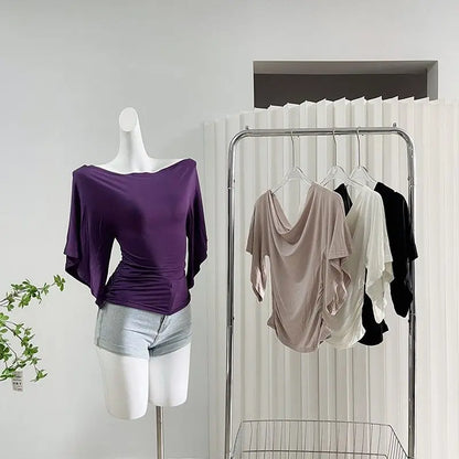 Sexy Summer Off Shoulder T shirt Women Elegant Batwing Short sleeve Cowl Neck Tops Korean Chic Tight Tshirt Lady Tees 2025 New
