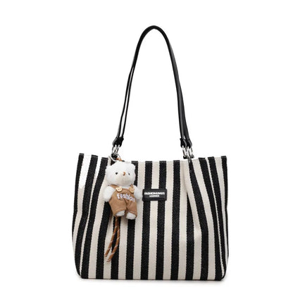 Striped Canvas Tote Bag Women's Casual Simple Shoulder Bag Large Capacity City Style Autumn Winter College Class Bag Double Z...