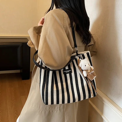Striped Canvas Tote Bag Women's Casual Simple Shoulder Bag Large Capacity City Style Autumn Winter College Class Bag Double Z...