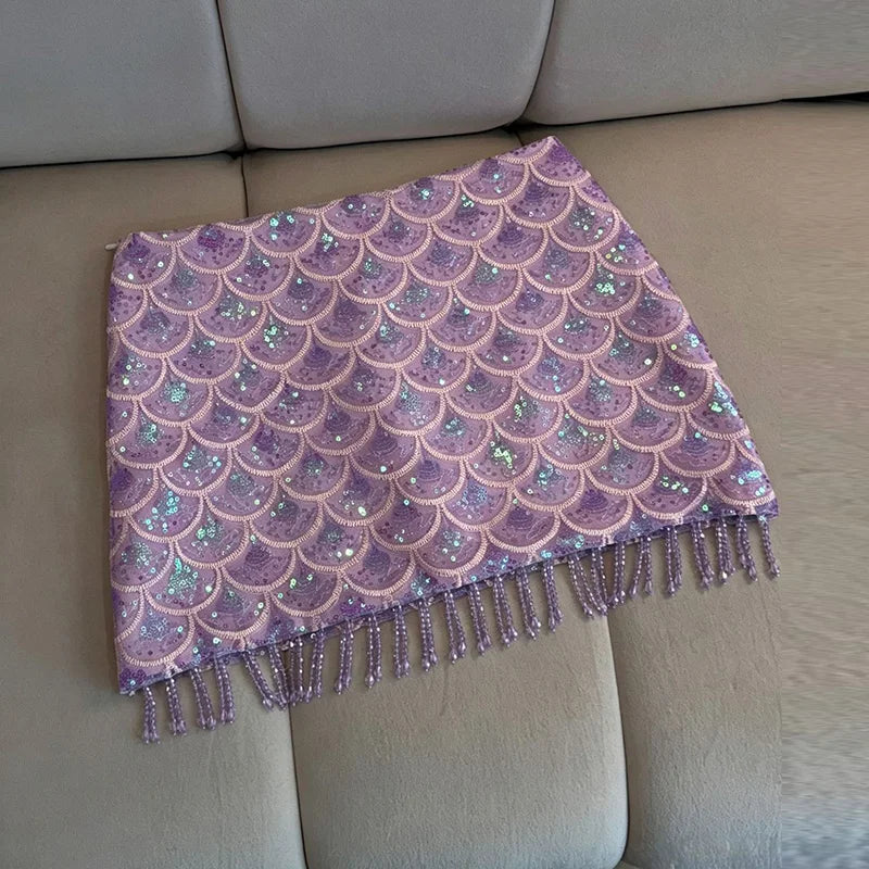 Saia Mini Feminina Paetê Cintura Alta com Franjas