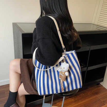 Striped Canvas Tote Bag Women's Casual Simple Shoulder Bag Large Capacity City Style Autumn Winter College Class Bag Double Z...