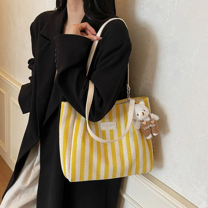 Striped Canvas Tote Bag Women's Casual Simple Shoulder Bag Large Capacity City Style Autumn Winter College Class Bag Double Z...