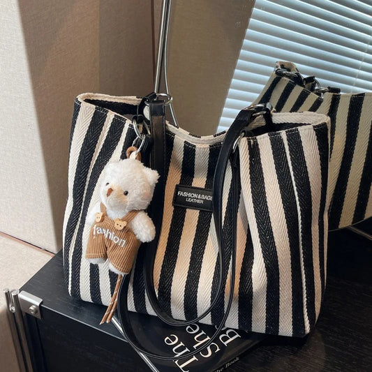 Striped Canvas Tote Bag Women's Casual Simple Shoulder Bag Large Capacity City Style Autumn Winter College Class Bag Double Z...