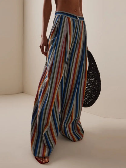Gymystars Elegant Striped Printed Pants for Woman New Loose Pleated Pocket Split-Joint High Waisted Fashion Streetwear Trousers