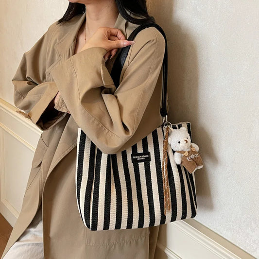 Striped Canvas Tote Bag Women's Casual Simple Shoulder Bag Large Capacity City Style Autumn Winter College Class Bag Double Z...
