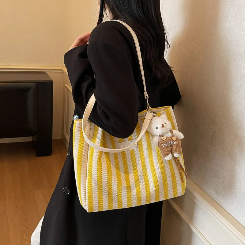 Striped Canvas Tote Bag Women's Casual Simple Shoulder Bag Large Capacity City Style Autumn Winter College Class Bag Double Z...