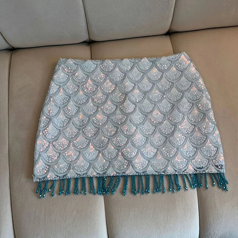 Saia Mini Feminina Paetê Cintura Alta com Franjas