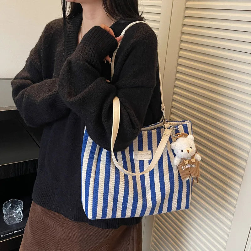 Striped Canvas Tote Bag Women's Casual Simple Shoulder Bag Large Capacity City Style Autumn Winter College Class Bag Double Z...