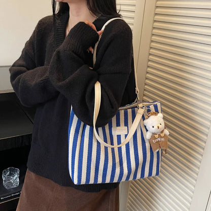 Striped Canvas Tote Bag Women's Casual Simple Shoulder Bag Large Capacity City Style Autumn Winter College Class Bag Double Z...
